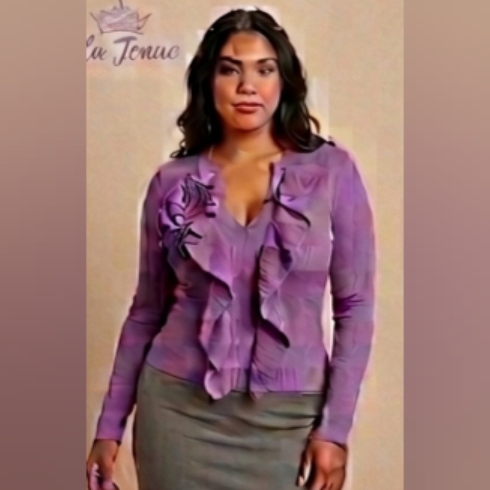 Terry Lewis Classic Luxuries Lilac Ruffle Zip-Front Cardigan